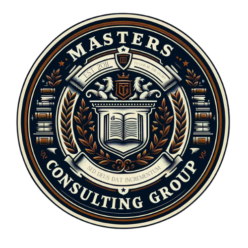 The Masters Consulting Group seal: an open book beneath classical columns, flanked by lions and laurel, bearing the mottoes To God Be The Glory and Sed Deus Dat Incrementum, established 2011.